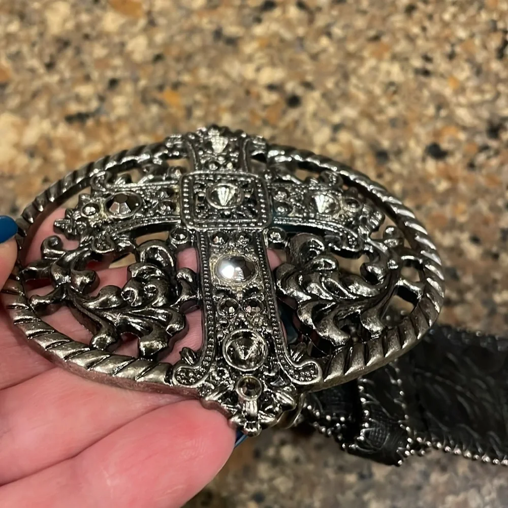 Cross Rhinestone Buckle Black Tooled Scroll Belt Size Large